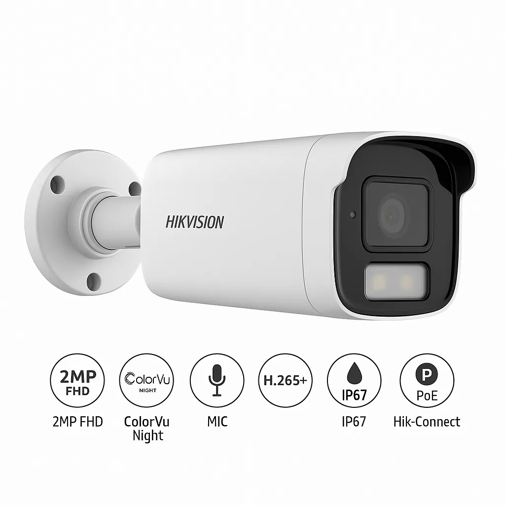 Hikvision DS-2CD1T23G2-LIU 2MP ColorVu Bullet IP Camera with Built-in Mic – H.265+, IP67, Night Color